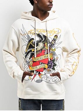 NWT Ed Hardy Ivory Hoodie with Gold Script and Black Graphic